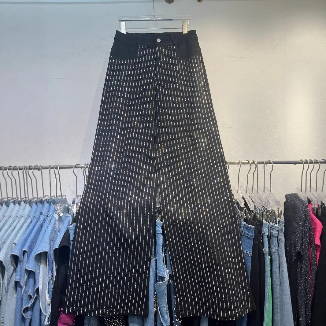 SuperAen Jeansy damskie w pionowe paski z diamentami, nowość na lato 2025, oversize, proste, z wysokim stanem, szerokie nogawki