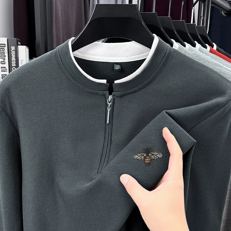 Classic Men New Spring Autumn T-Shirt Fake Two Piece Solid Color Long Sleeve Embroidery Tops Daily Comfort Casual Men's Clothing