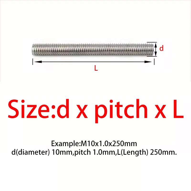 250mm Fine Teeth Threaded Rod M6 M8 M10 M12 M14 M16 M18 M20 304 Stainless Steel Full Threaded Rod Metric Screws Bolt Stud