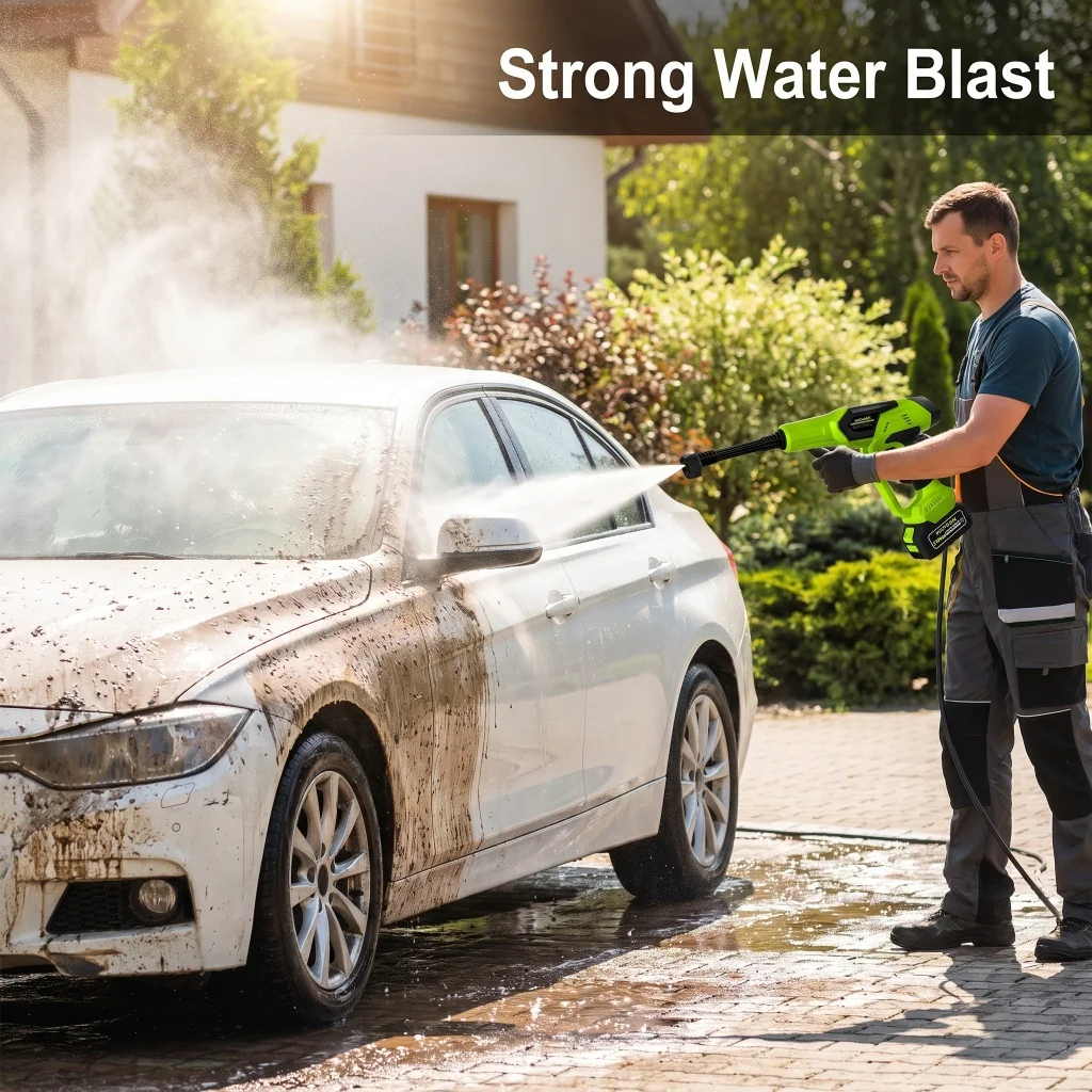 Cordless Pressure Washer Gun 21V 200W Portable High Pressure Water Gun 1300mAh 10‑Cell Dual Battery PP ABS Housing 6M Jet Range 4‑5L Min Water Output With 5M Water Pipe Foam Pot Hard Plastic Carrying Box For Car Washing Garden Cleaning Green