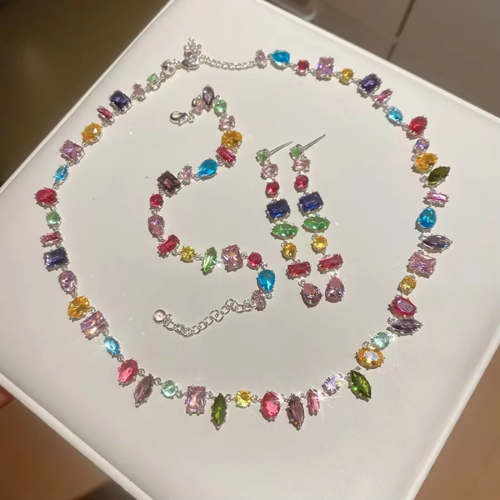 Luxury Colourful Crystal Zircon Necklace for Women Fashion Party Jewelry Accessory Ladies Elegant Zircon Jewelry
