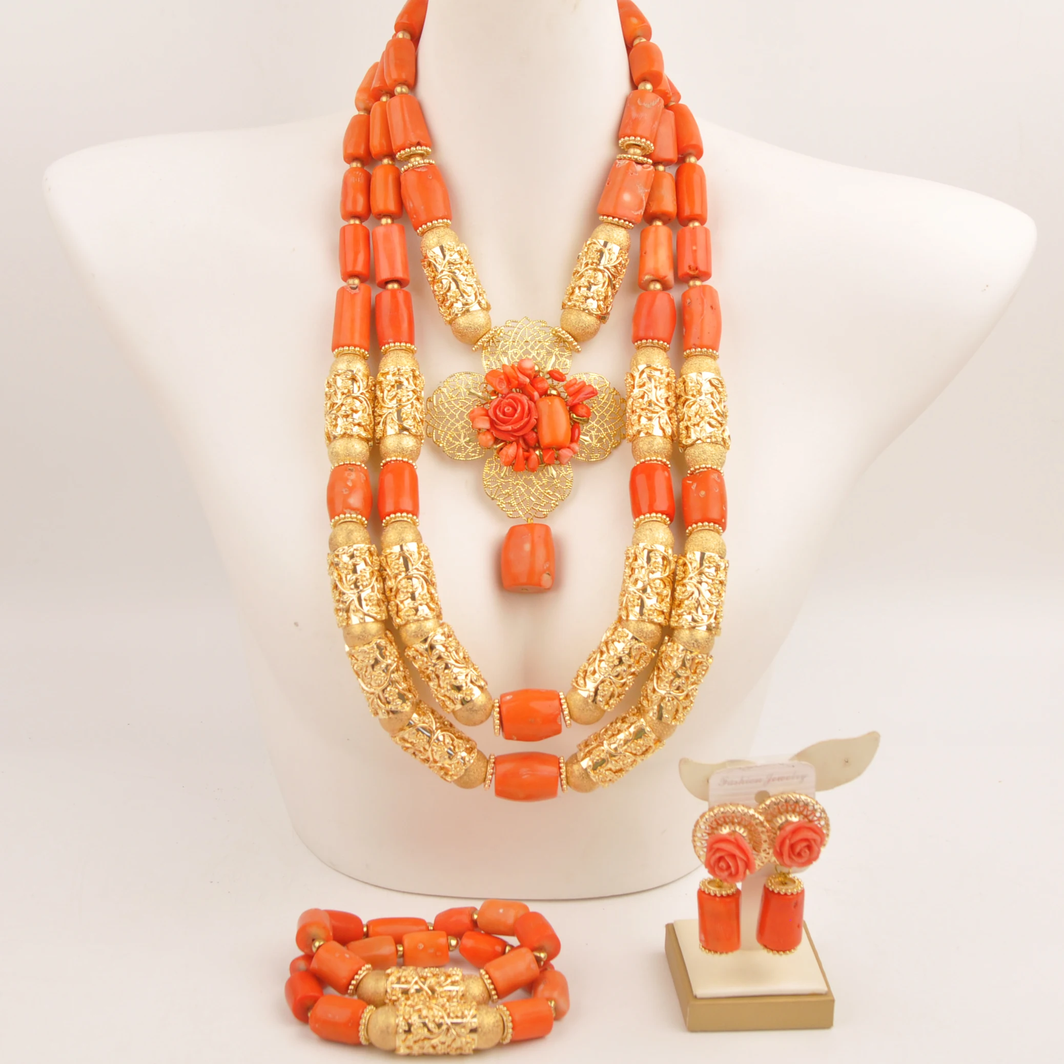 

African Original Orange Coral Beads Bridal Jewelry Sets