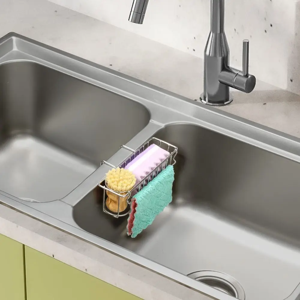 304 Stainless Steel Sink Storage Rack Hangable Never Rust Storage Basket Movable No Punching Required Brush Holder Kitchen