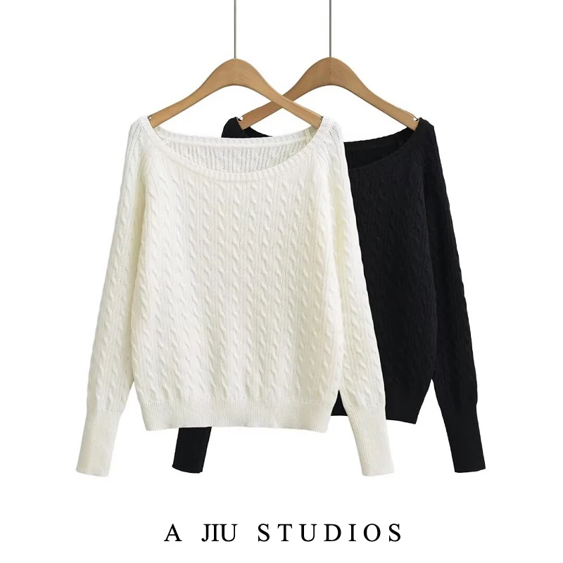 

American Sle Pure Desire Milk Series Lazy Knitted Sweater Spring Autumn Retro BM Sle Twist One oulder Long Sve Knitt...