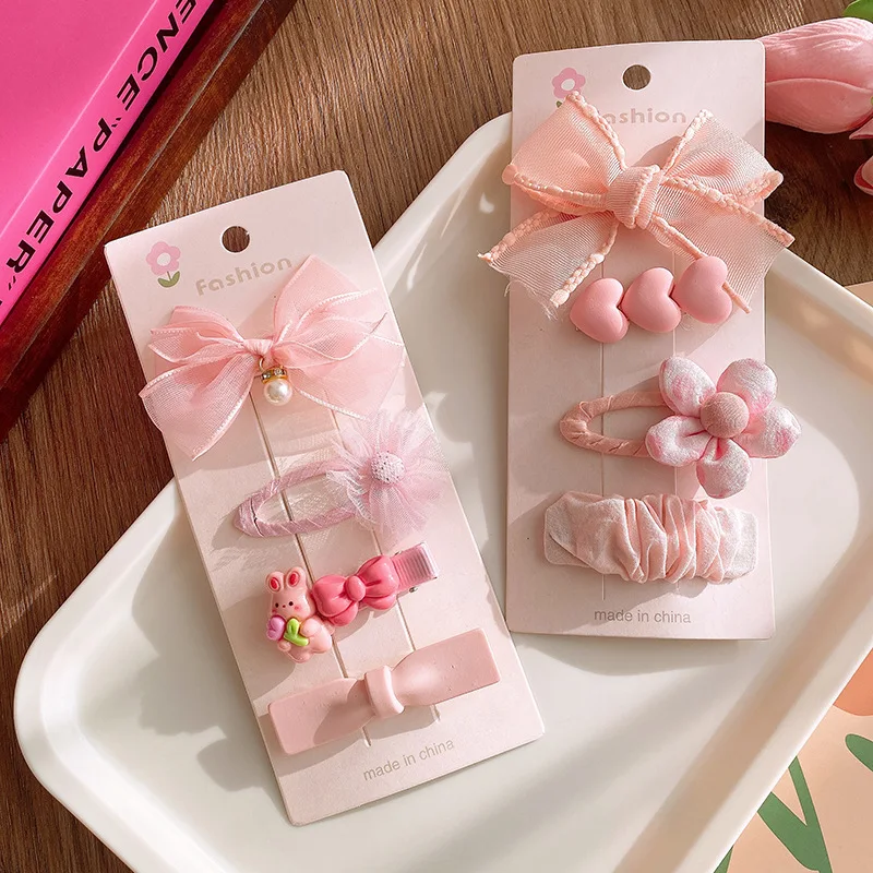 4Pcs Kids Pink Hairpins Hair Rope Set Pearl Bow Barrettes Cu