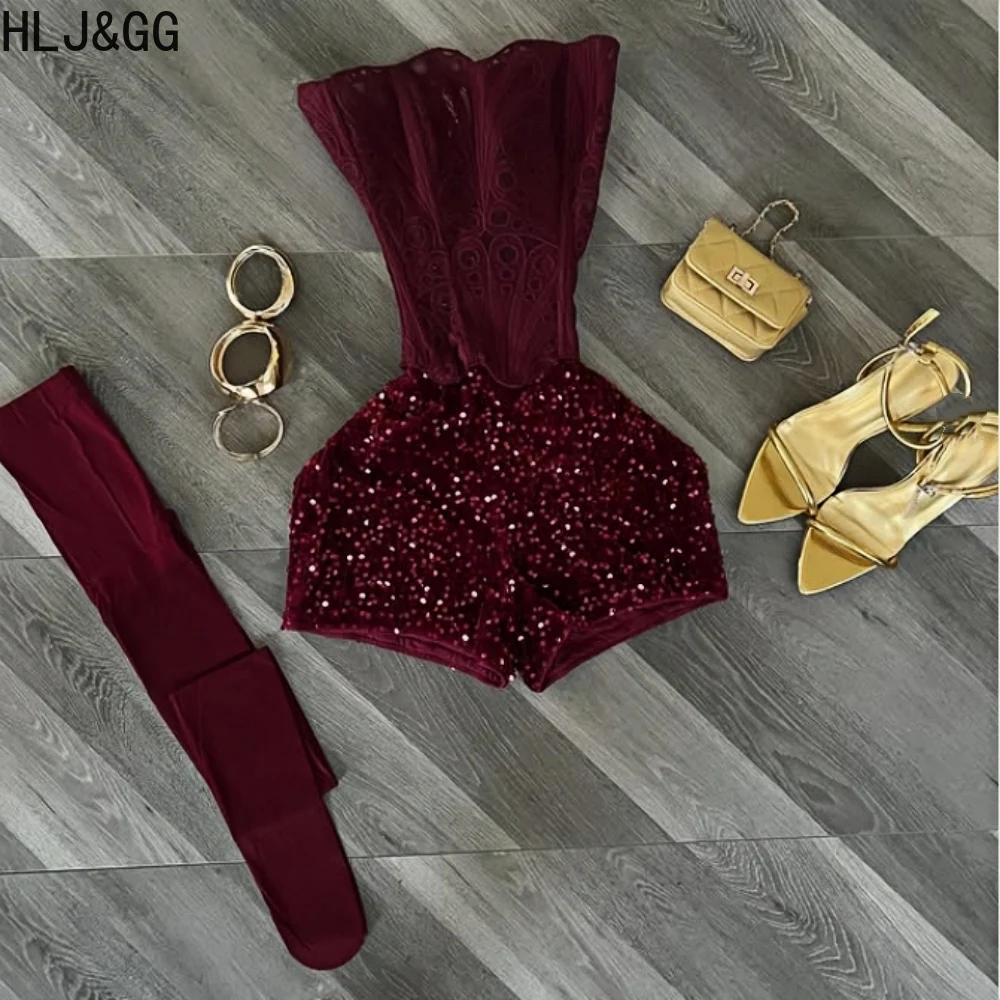 

HLJ&GG Wine Red Fashion Hollow Irregular Corset Two Piece Sets Women Off Shoulder Backless Slim Top And Sequin Shorts Outfits