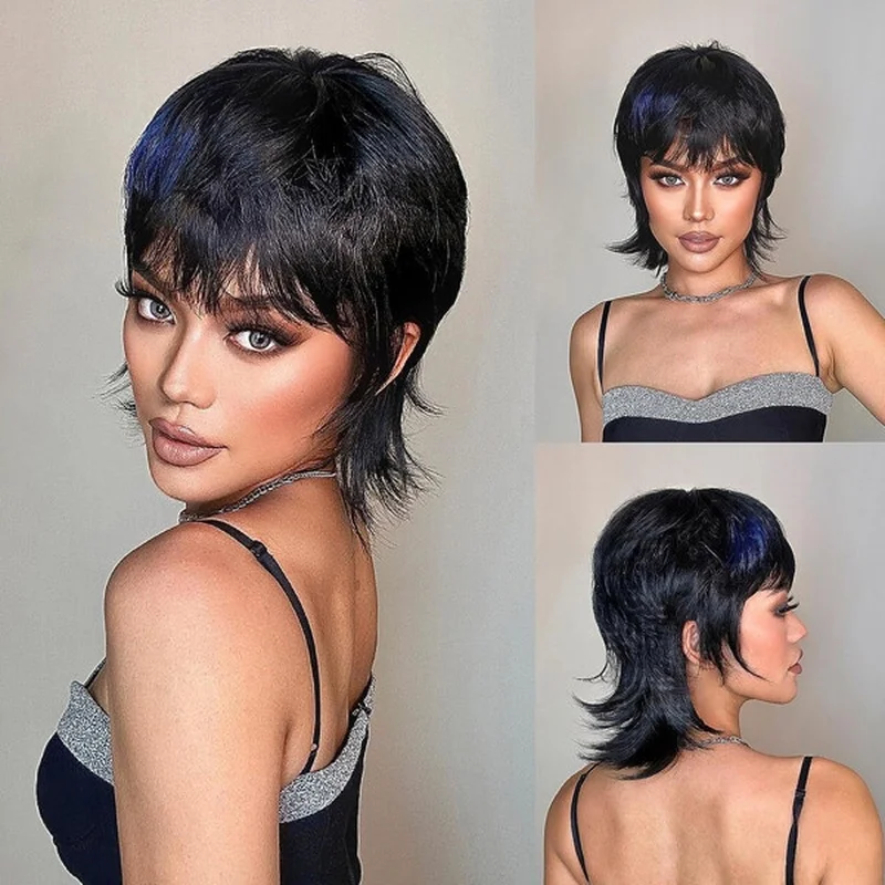 Short Black Blue Wigs Layered Mullet Wig Pixie Cut Wig Synthetic Natural Soft