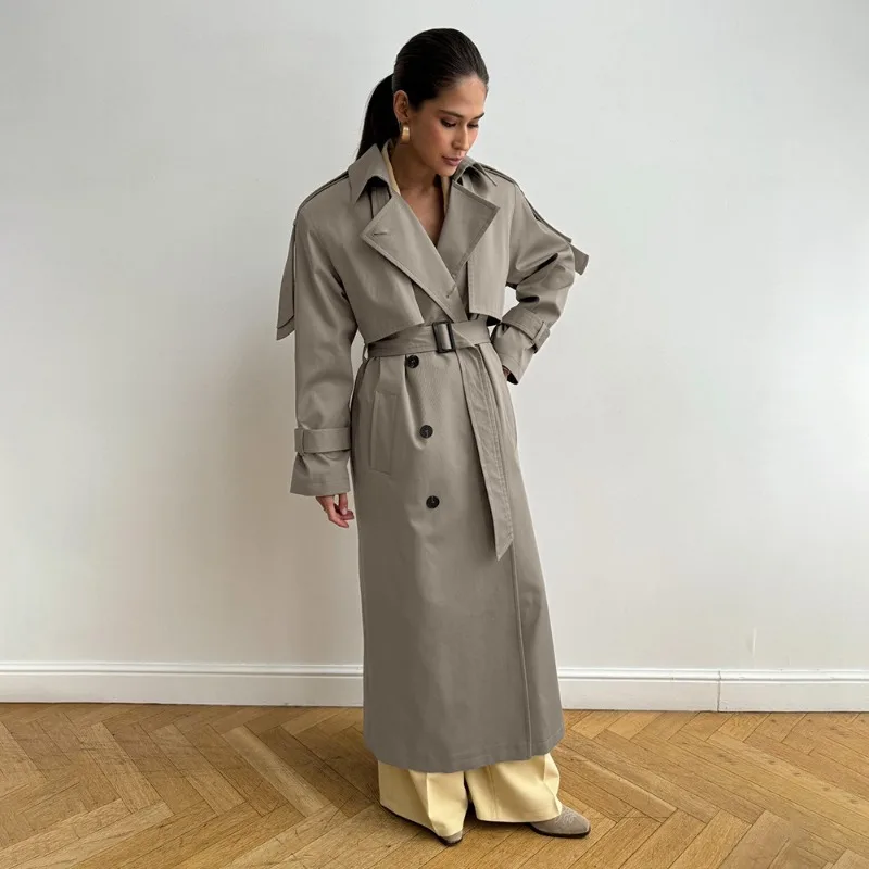 Khaki Windbreaker Jacket Double Breasted with Belt French Elegant Notched Collar Long Coat Offce Lady 2026 Women‘s New Outerwear