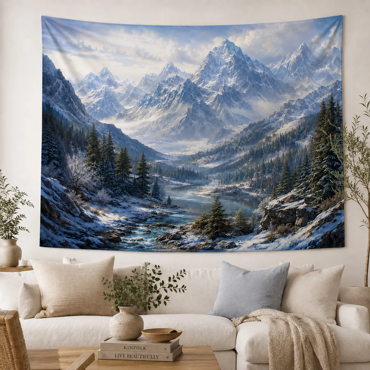 Snow Mountain Landscape Tapestry Winter Forest Valley Wall Hanging Nature Scenic Wall Decor for Bedroom Living Room Dorm