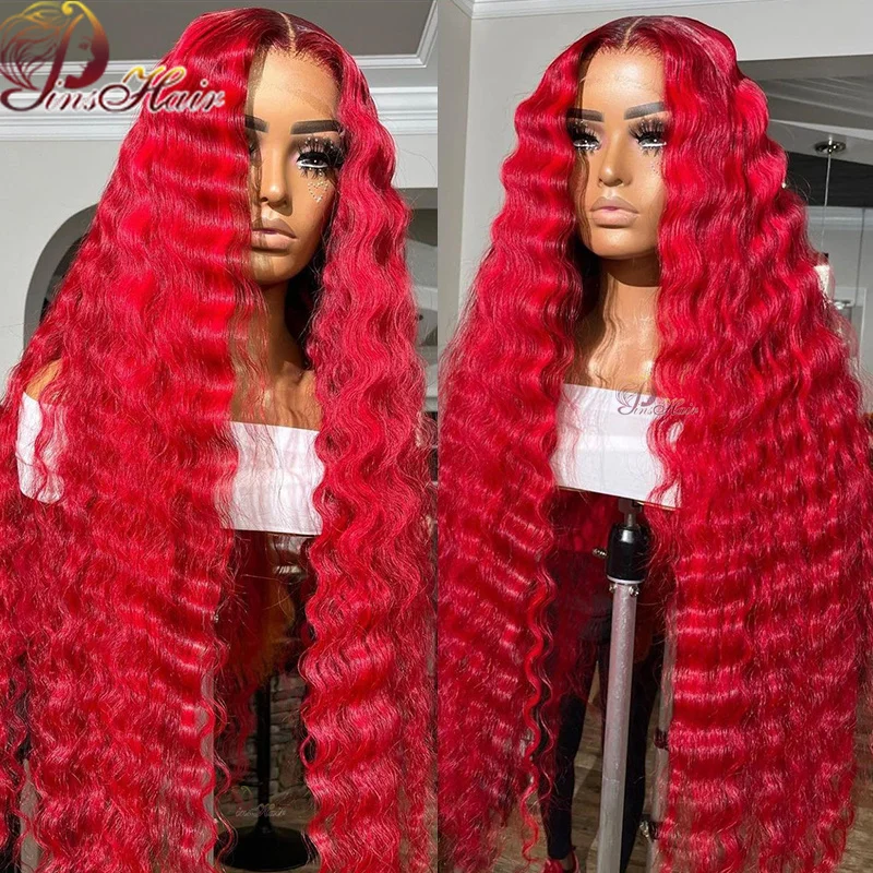 Red Deep Loose Wave Lace Front Wig 13X4 Burgundy 99j Lace Frontal Wig 30 Inch Peruvian Colored Red Curly Human Hair Wigs 180%