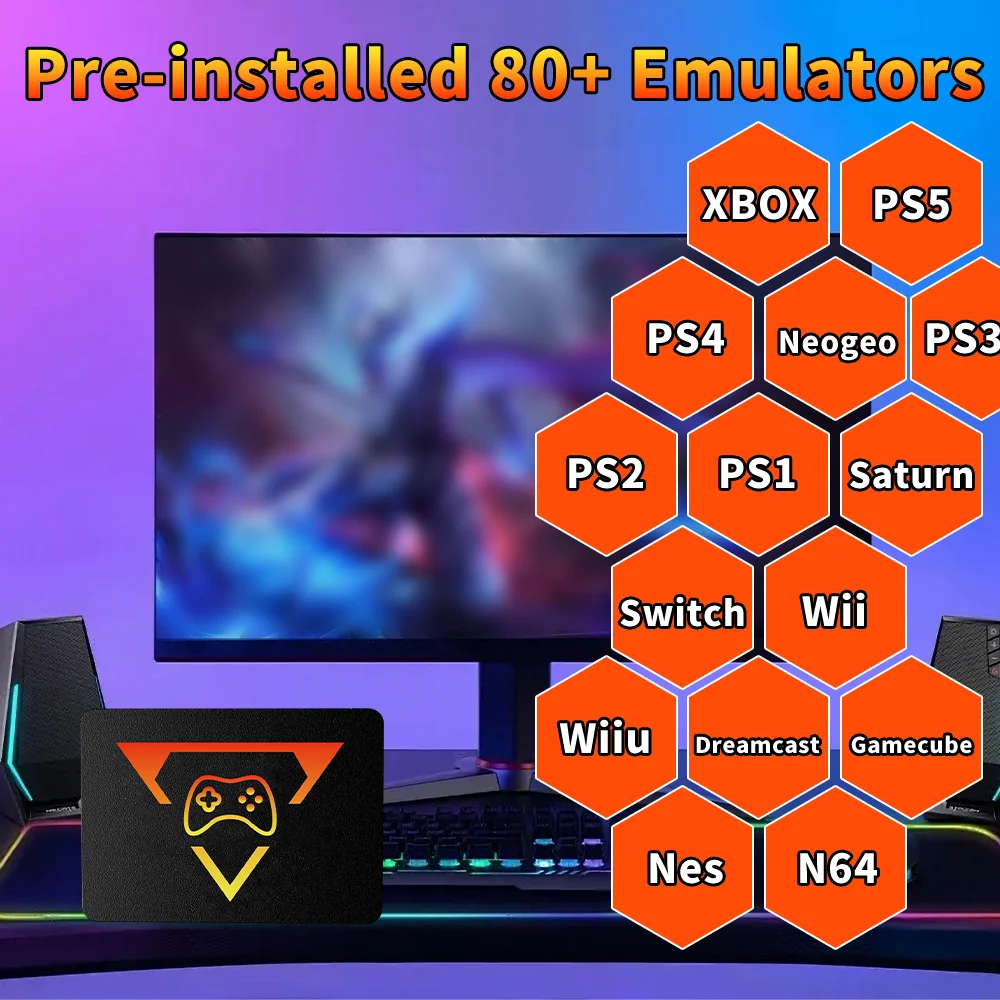 Portable Retro Gaming SSD 80+Emulators for PS5/PS4/PS3/PS2/XBOX One/SWITCH/WII/DC 16191 Games Launchbox＆Retrobat＆Playnite for PC