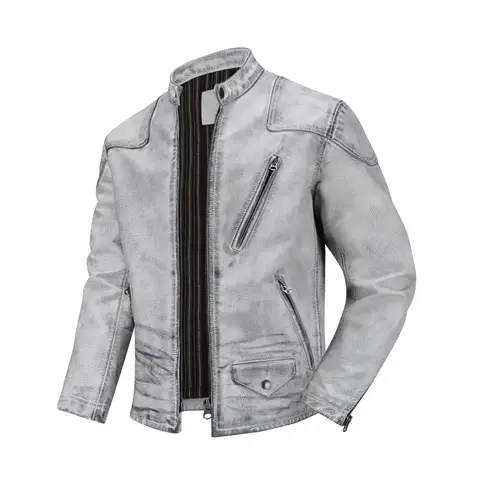 Vintage Distressed Genuine Leather Jacket Men Retro Dirty Finish Stand Collar Classic Real Cowhide Leather Coat Fashion Casual D