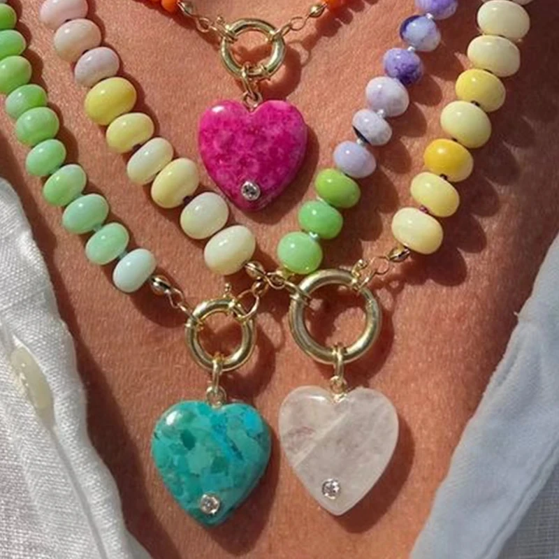 Naturstein Herz Grems tone Kristall Pflaster Mircon 14 Karat Gold und Diamant Mondstein Herz Anhänger machen Ohrring Halskette Armband