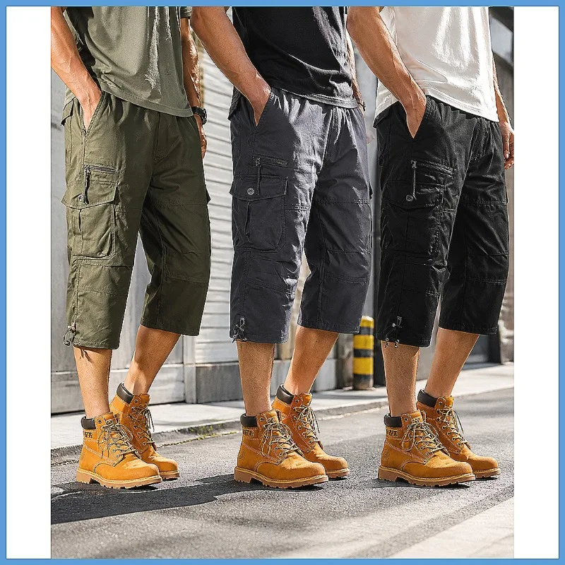Men's Summer Cargo Shorts Below Knee Loose Fit Elastic Waist Plus Size Multi-Pocket Outdoor Hiking Camping Tactical Casual