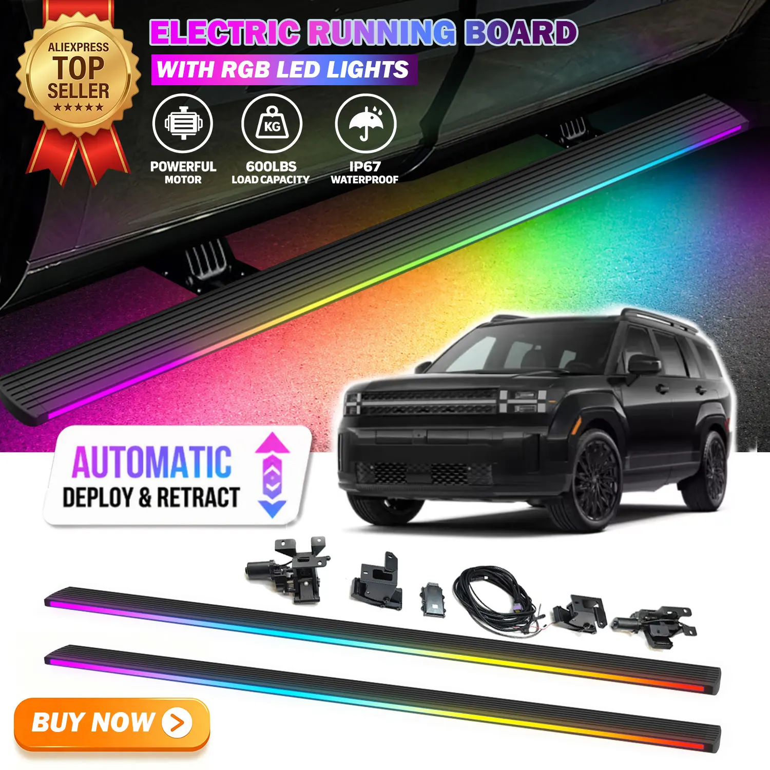 Deployable Power Electric Running Boards Fits For Hyundai Santa Fe MX5 2024-2026 with LED Light Strips Side Step Nerf Bars