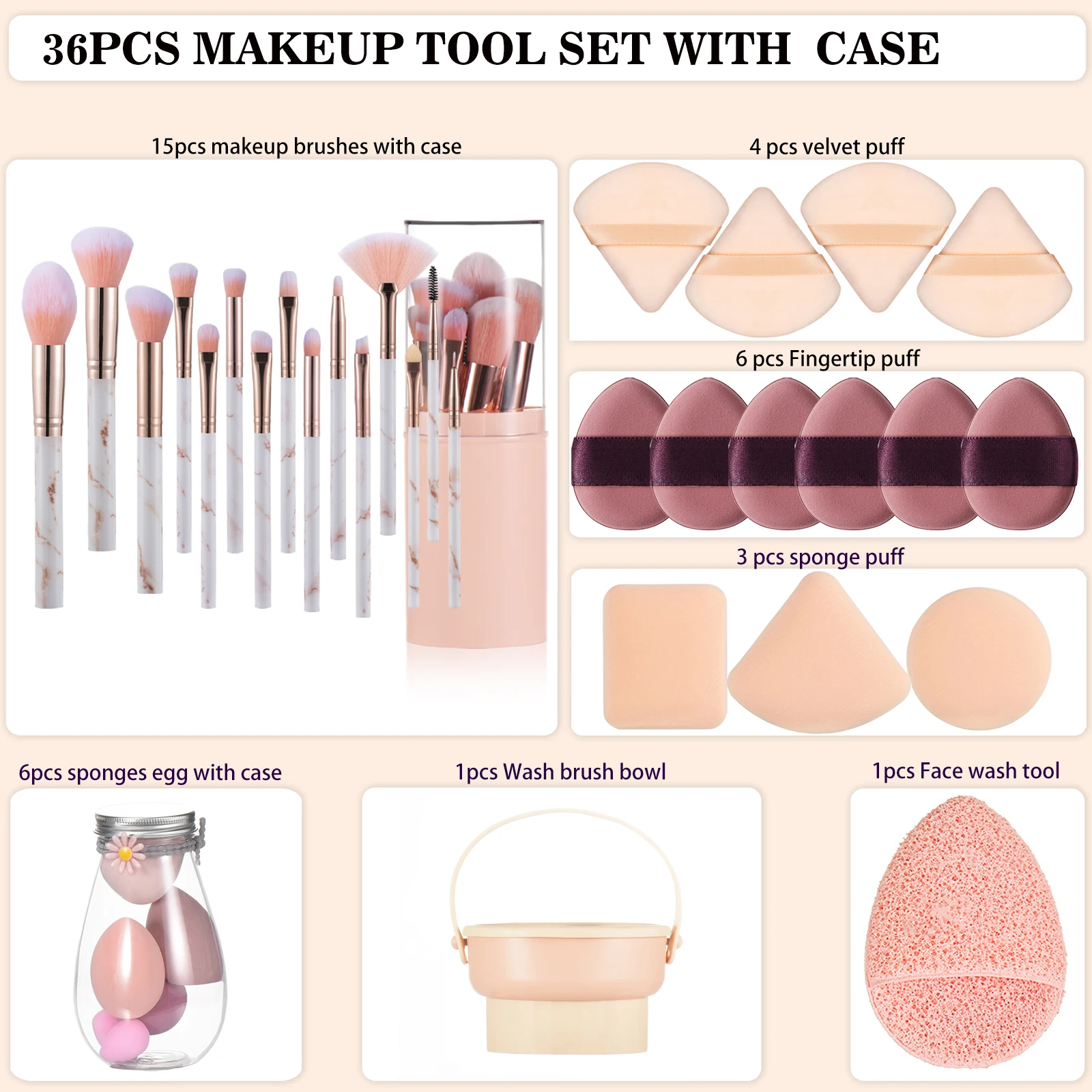 Marble Makeup Brushes Set With Beauty Sponges And Brush Cleaner - Premium Synthetic Foundation Brushes-Beauty Blending Tools