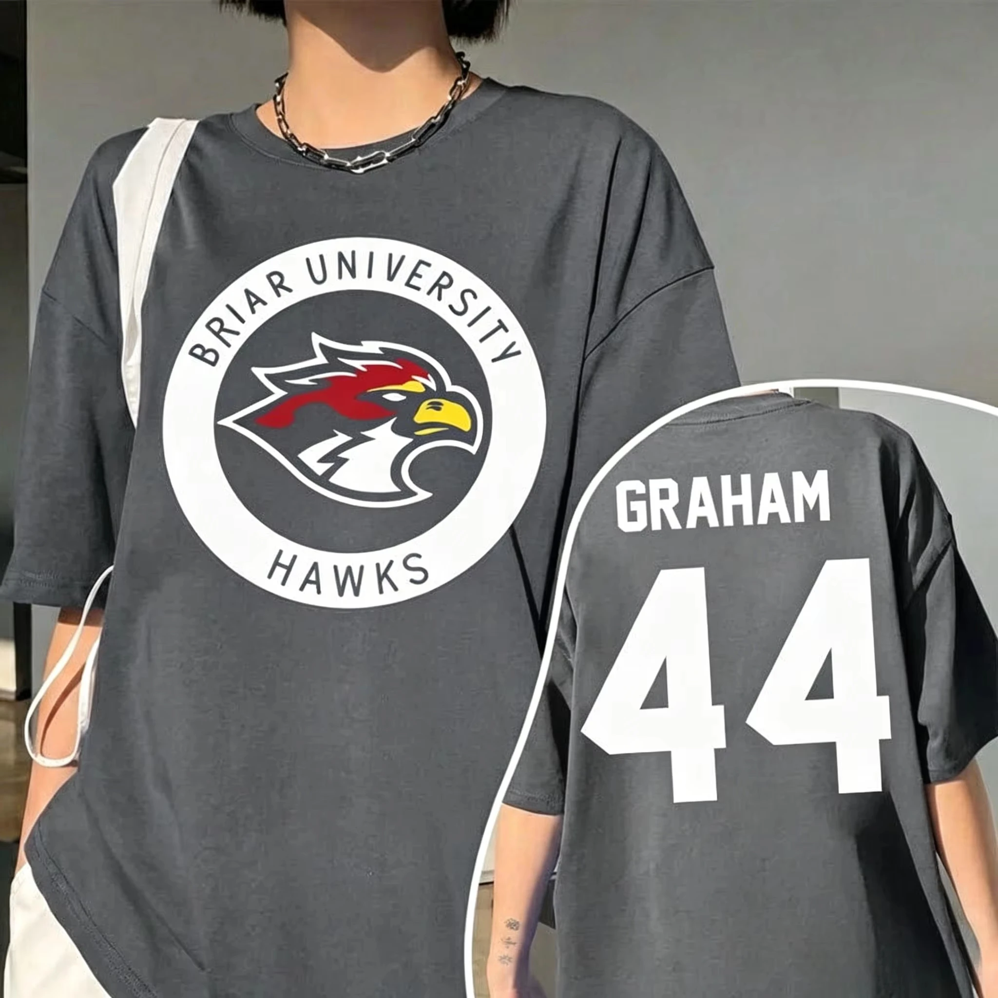 Briar University Hawks Garrett Graham 44 T-shirt Vintage Washed College Sports Streetwear Unisex Oversized Crew Neck Cotton Tops