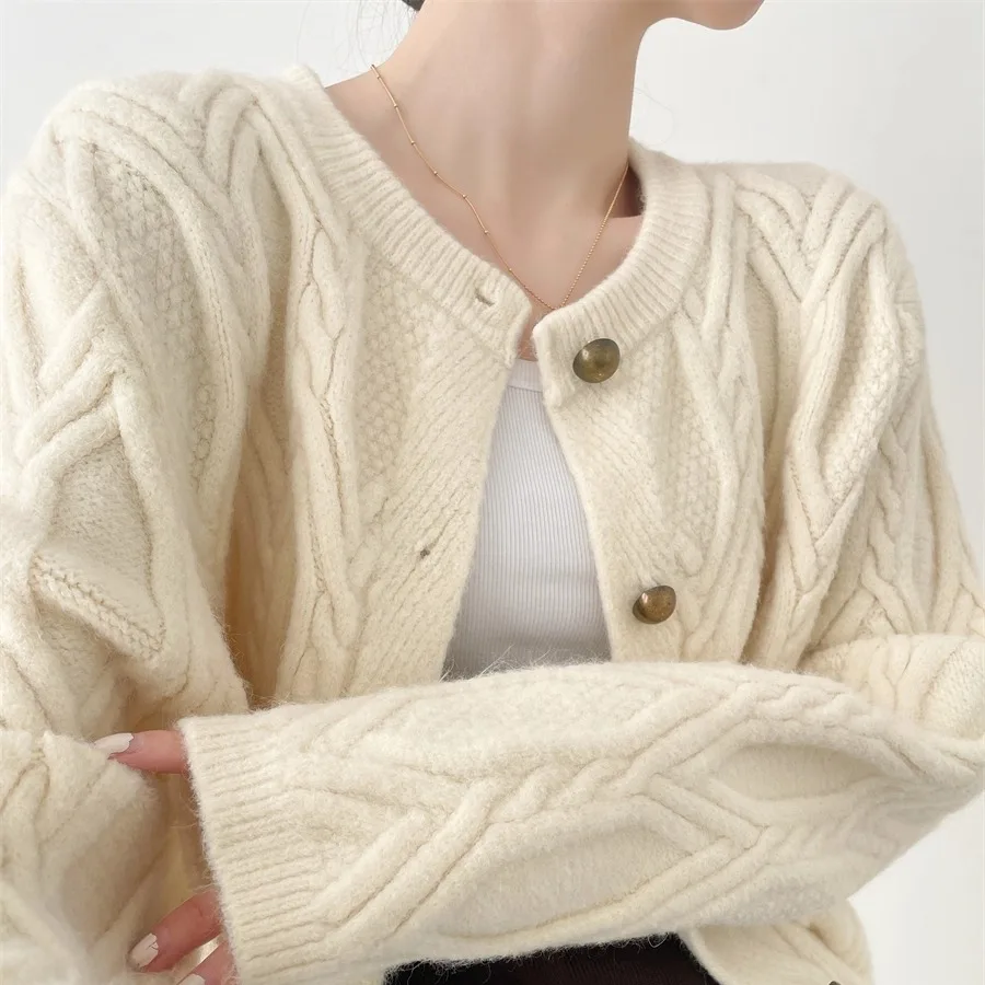 2025 Women's Warm Versatile For Autumn Winter Knitted Cardigan Woman Solid O-Neck Button Pearl Twist Flower Long Sleeve Sweater