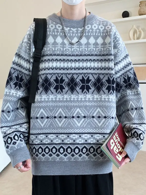 

Модный вязаный свитер с цветочным ретро-узором, круглый вырез, мужская термо-футболка, теплая, дышащая, повседневная, для осени и зимы