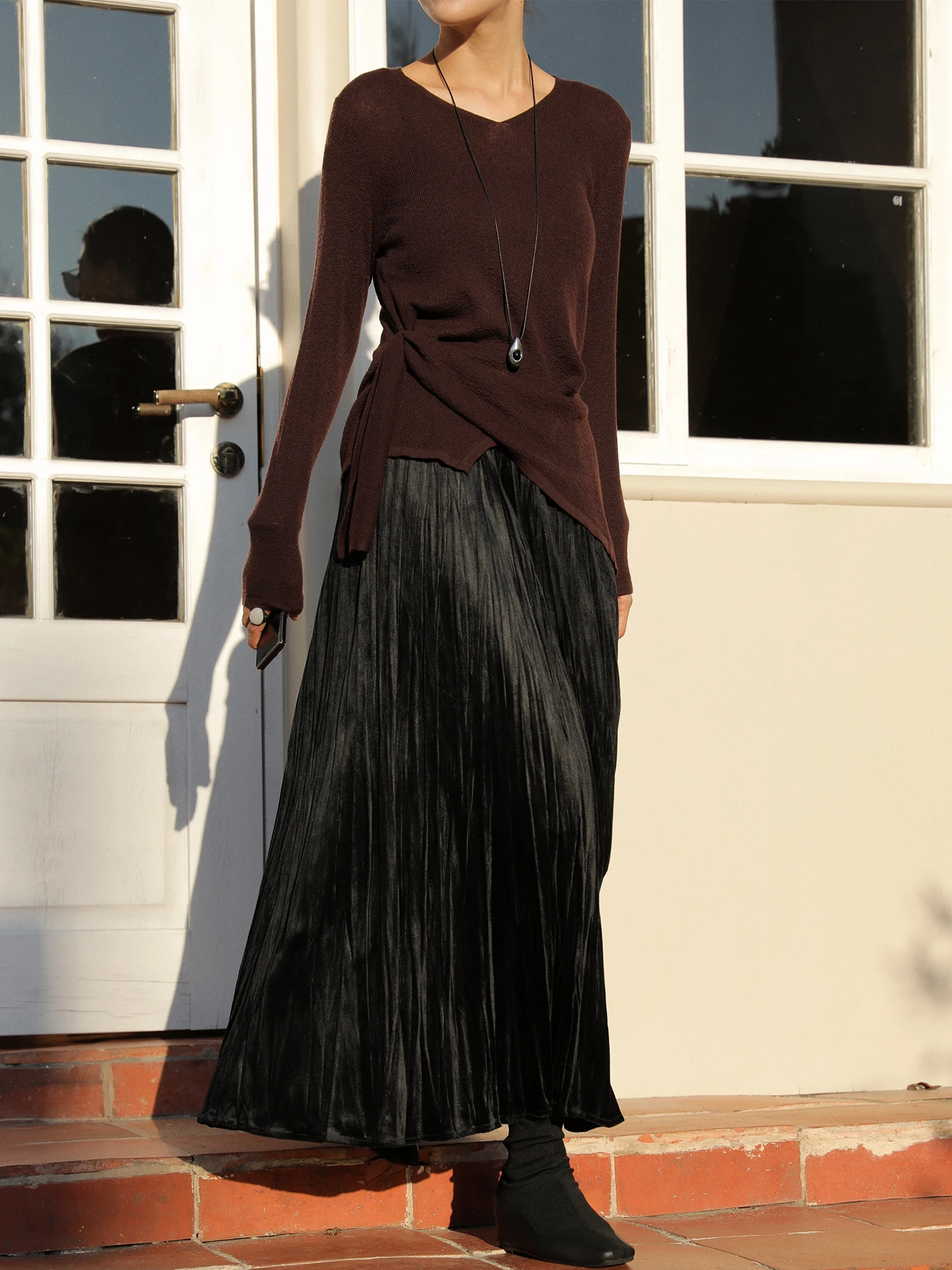 

Textured Folded High Waist Midi Skirt Women's Elastic Waist French Sle Polyester Fiber Daily Wear Loose Fit Autumn New Arri...