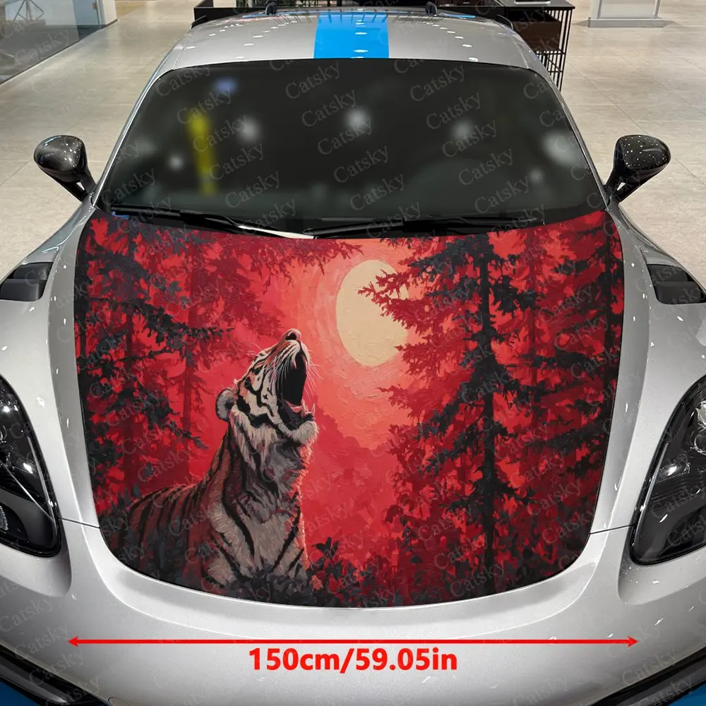 Romantic Red Forest Tiger Car Hood Stickers - Self-Adhesive, Waterproof and Durable Vinyl Wrap, Decorate And Protect Your Car -