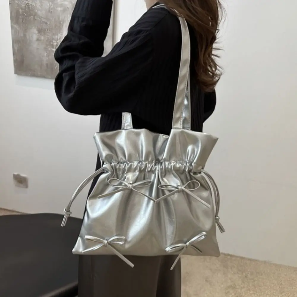 

Sweet Leather Bowknot Bucket Bag Large Capacity Pleated Bow Drawstring Bag Underarm Bag Shoulder Bag Bow Tote Bag Travel