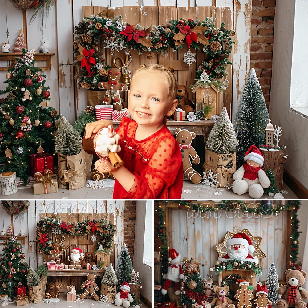 

Christmas Photography Backdrop Wooden Wall counter Sweet Toy Decorated Gingerbread Men Santa Doll Baby Photo Studio Photo-call