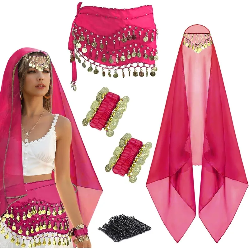 4 Pcs Belly Dance Outfit Sets Belly Dance Chiffon Hip Scarf, Head Scarf with Gold Coins 2 Coin Wrist Bracelet 50 Bobby Pins