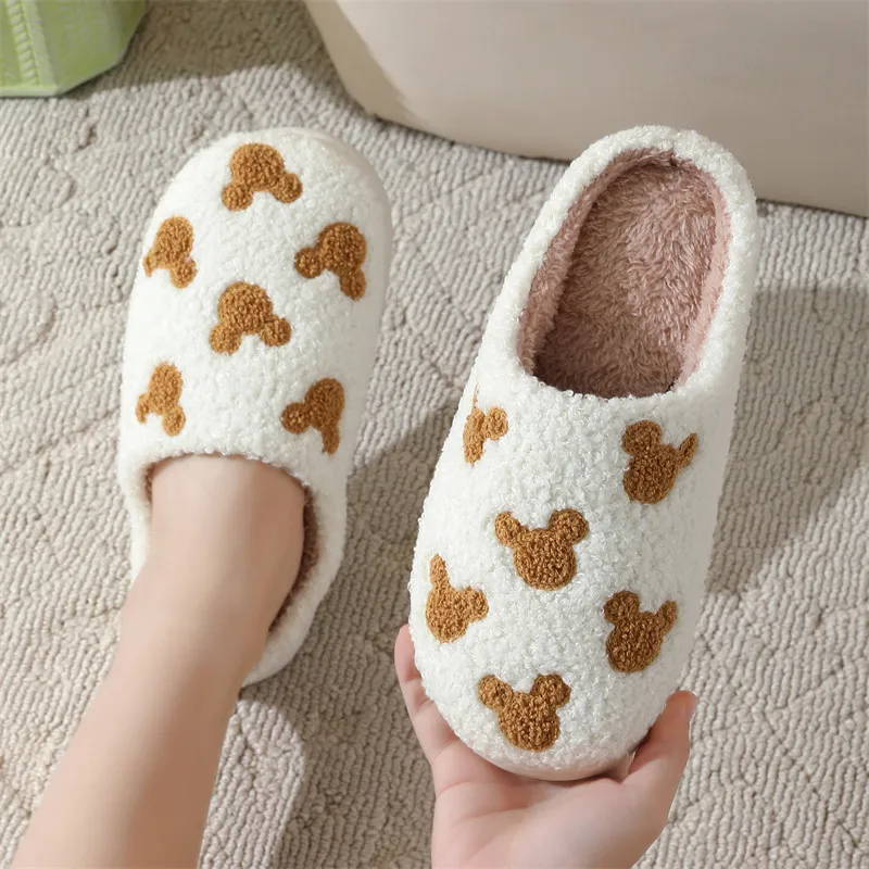 Ladies' Embroidered Teddy Bear Slippers for Autumn Winter Comfortable Warm Non-Slip Home Slippers