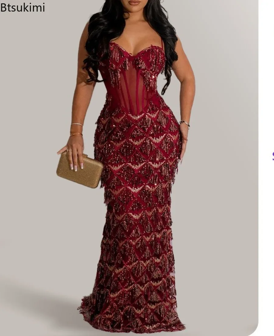 New Women's Elegant Luxury Celebrity Evening Party Dress Fashion Sequins Mesh Patchwork Bodycon Dress Sexy Birthday Prom Vestido