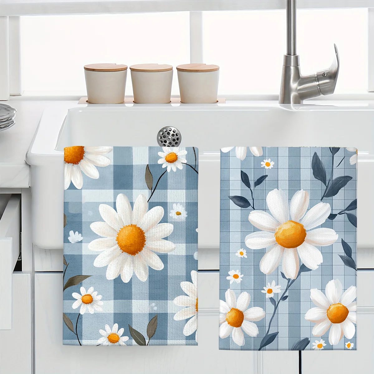 1pc Blue Plaid Daisy Printed Scrub Cloth, Soft Absorbent Kitchen Hand Towel, Perfect for Kitchen, Dining Room, Bathroom, Dorm
