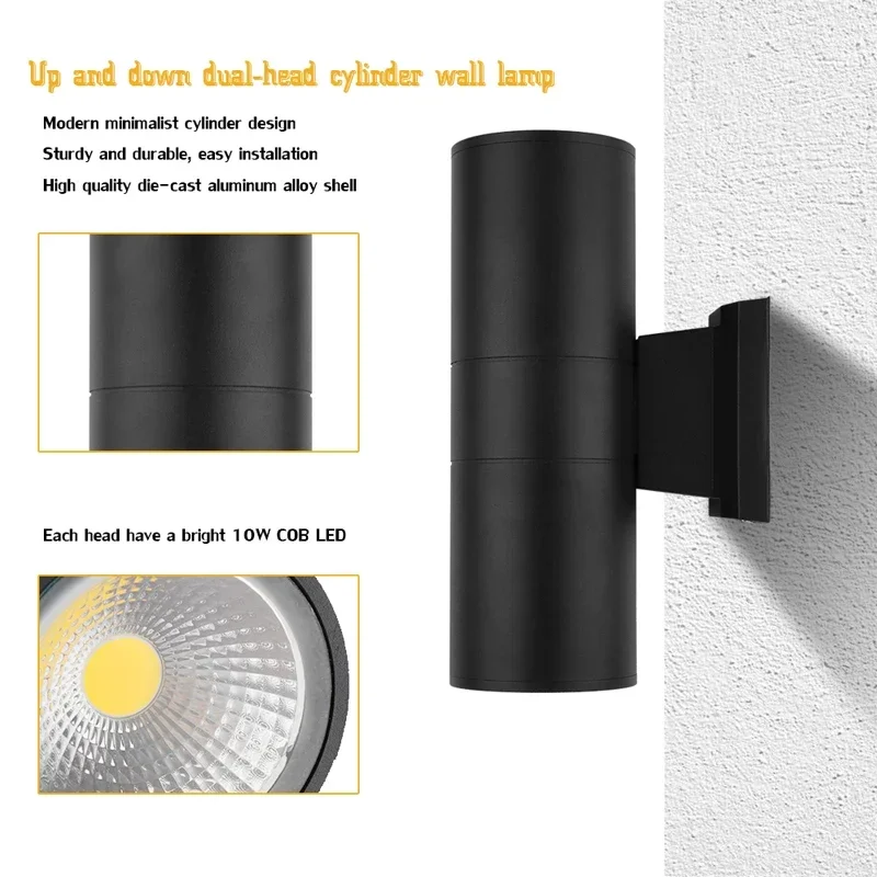 20W COB LED Wall Lamp Up Down Dual-Head Cylinder Waterproof Aluminum Home Lighting Fixture For Bathroom Living Room