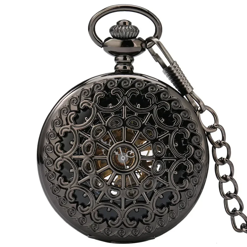Retro Hollow Spider Web Unisex Hand Winding Mechanical Pocket Watch Luxury Roman Numerals Display FOB Chain Pendant Clock Gift