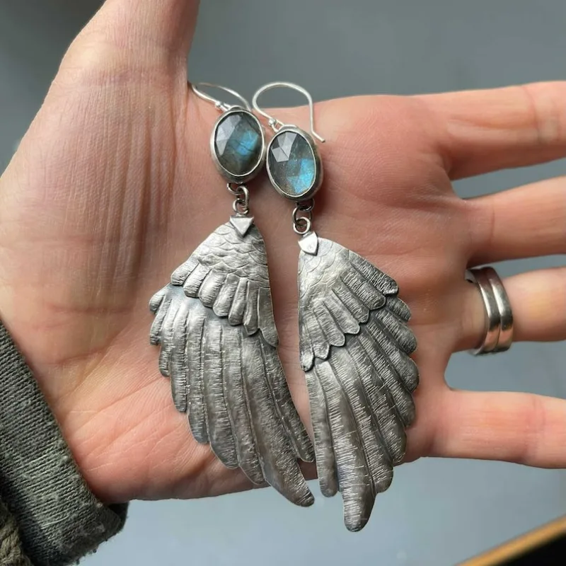 Hand Forged Silver Color Wing Earrings with Labradorite