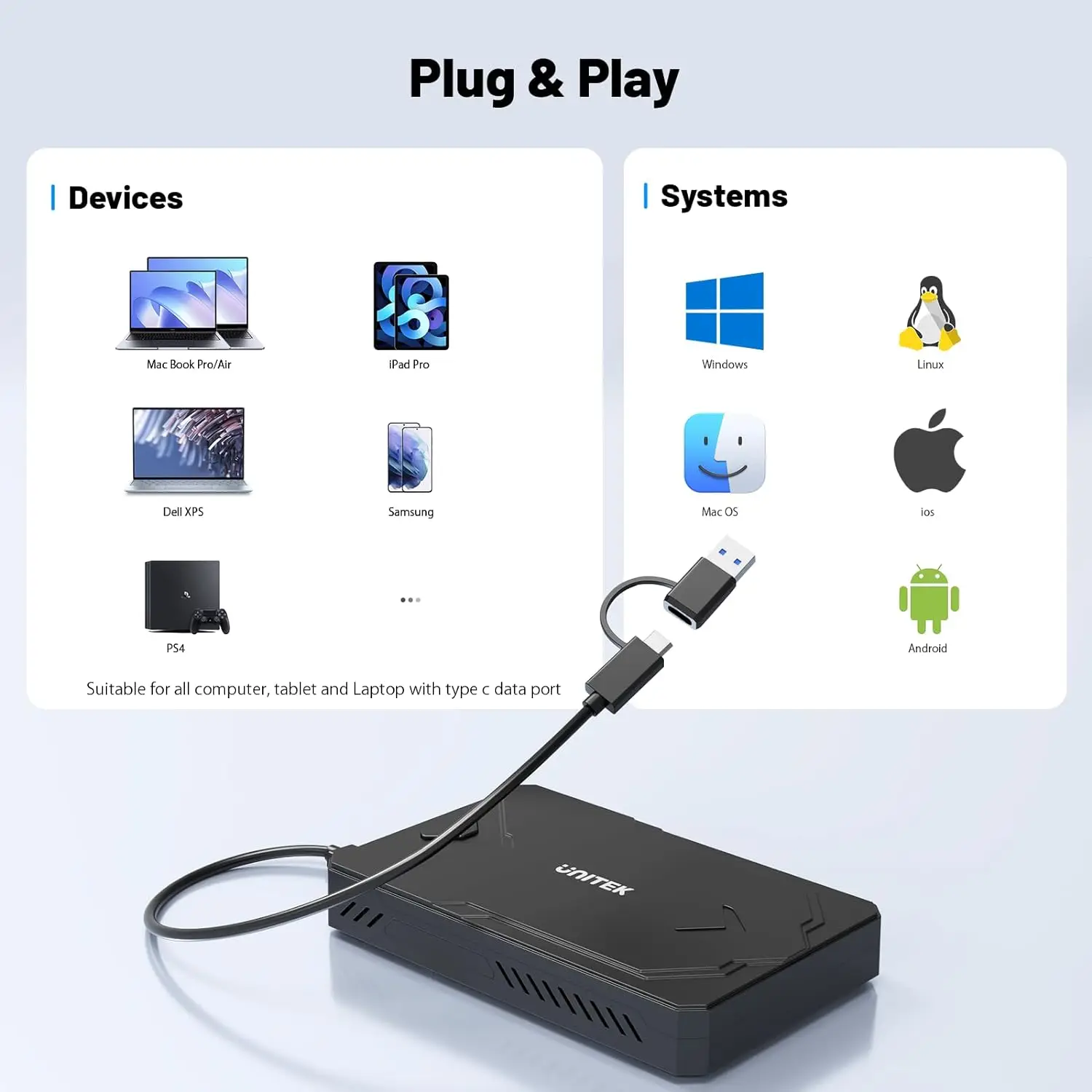 กล่องใส่ฮาร์ดไดรฟ์แบบ Dual Bay รองรับ USB C 10Gbps และ M.2 SATA สำหรับ NVMe PCIe SSD และ HDD SATA ขนาด 2.5 นิ้ว สำหรับคอมพิวเตอร์และแล็ปท็อป