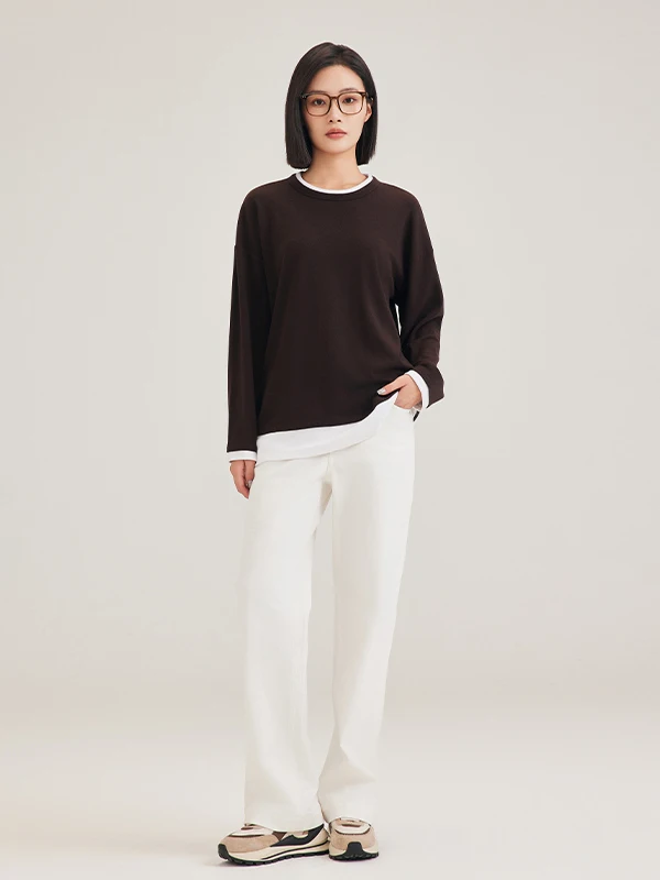 

Темно-коричневая вязаная длинная футболка-свитер Све, искусственный двухсекционный женский цельный свитер с высокой иглами, осенняя мода, повседневный, удобный