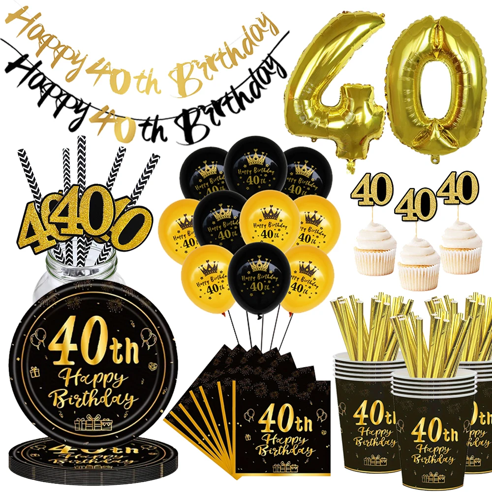 Fournitures de décoration de fête 40e anniversaire pour hommes et femmes, vaisselle jetable en or noir, assiette en papier, serviettes, gobelets, ballons