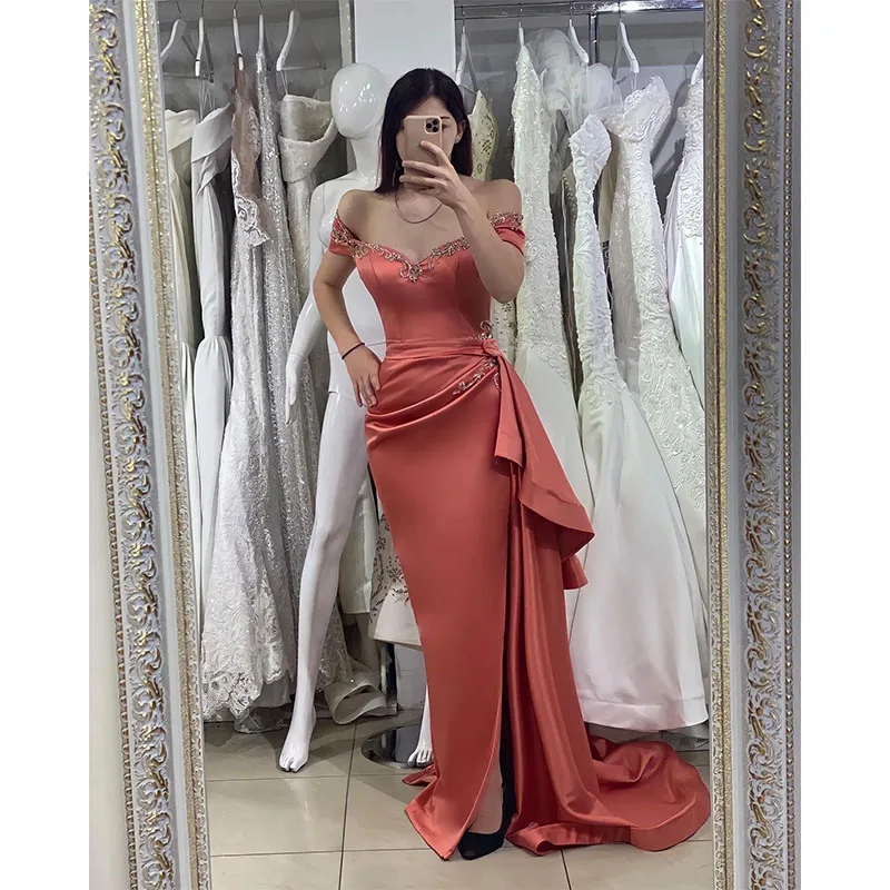 

Sexy Coral Evening Dresses Beading Off Shoulder Party Prom Dress Waist Decor Pleats Long Dress for Special Occasion