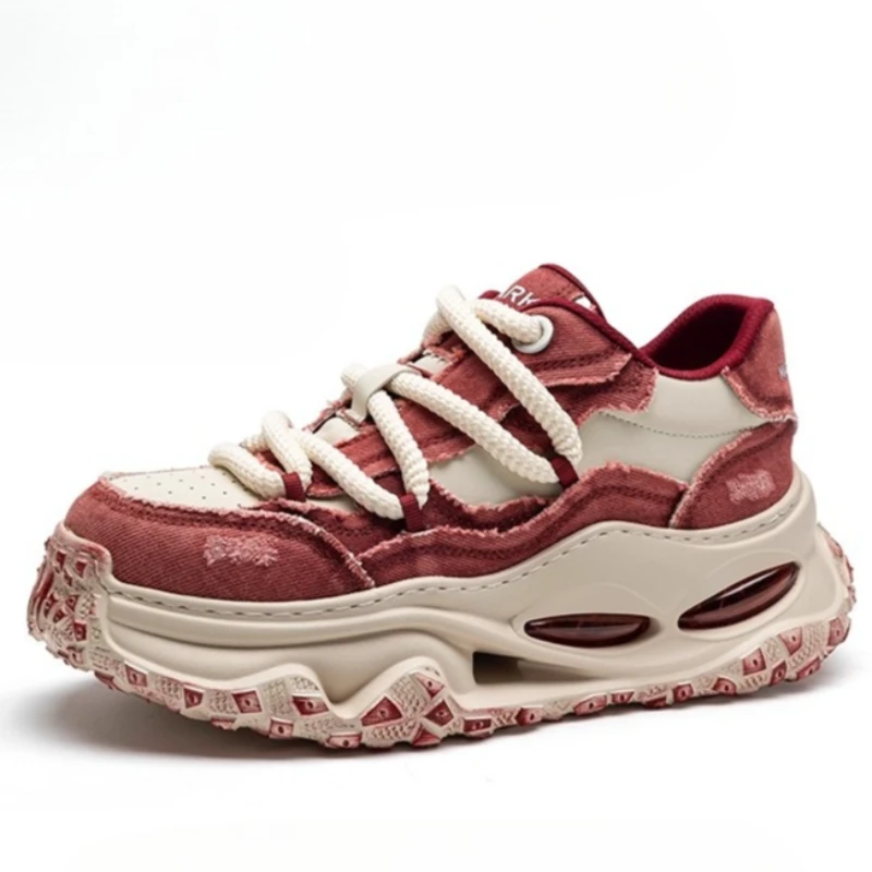 Men's Leather Fabric Comfortable Soft Soled Breathable Trendy Daddy Shoes Man European Casual Sneakers Red Heightening Shoes for