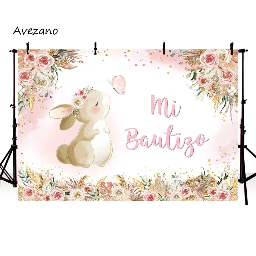 Avezano Photography Background My Baptism Pink Flower Bunny Girl First Holy Communion Party Backdrop Photo Studio Poster Decor