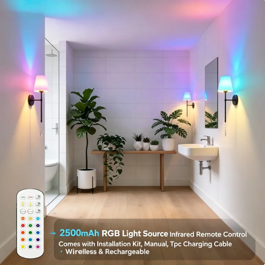 Pack of two Sconces Battery Operated Wall Lamp with Remote 2500mAh Rechargeable LED Wall Light RGB 16 Colors Dimmable Cordless Matte Black Fabric Shade Easy Install Bedroom Bedside Living Room