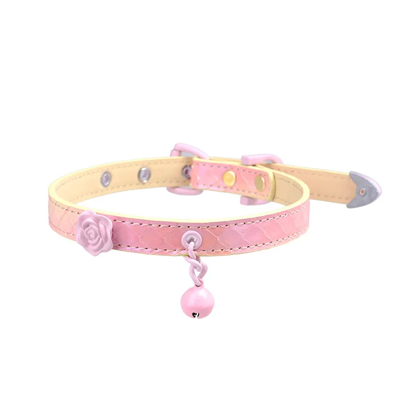 

Kawaii Pink Snake Texture PU Leather Choker with Rose & Bell Charm, Fashion Collar for Cosplay & Party Adult Games