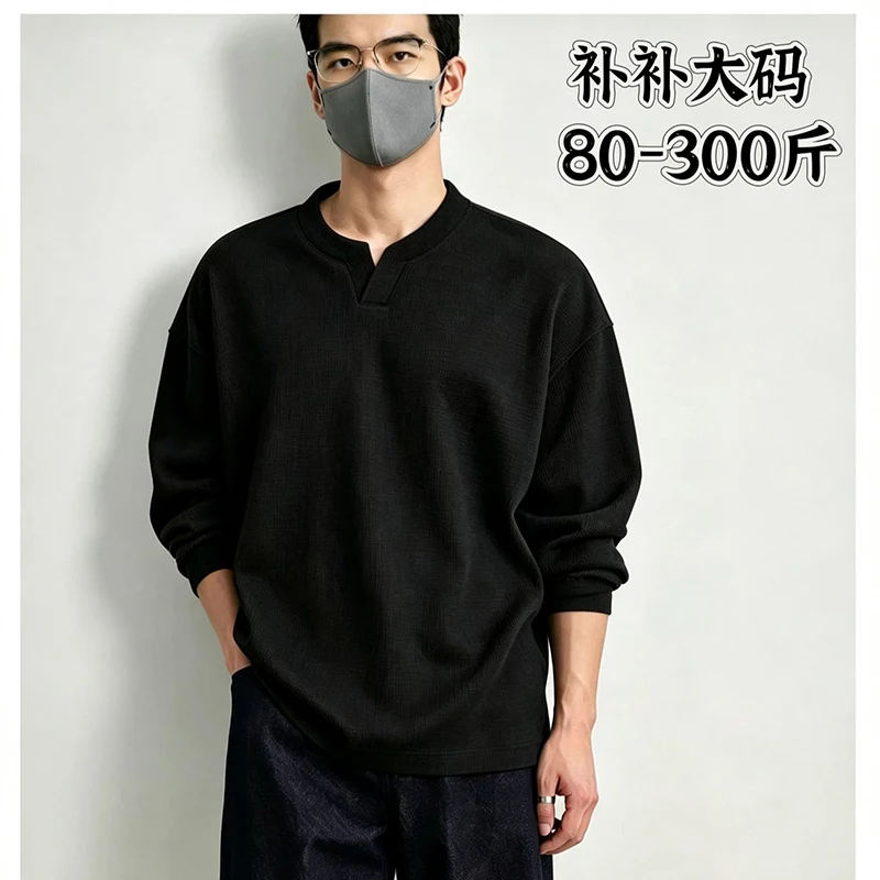 Plus Size Men Waffle Knit Henley Neck Long Sleeve Tee Autumn Winter Fleece Lined Oversized American Loose Slim Fit Big Men Tops