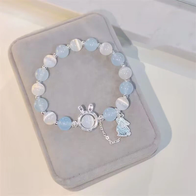 Fashion Rabbit Pendant Crystal White Opal Moonstone Bracelet for Women Handmade Natural Stone Beaded Strand Bracelets Jewelry