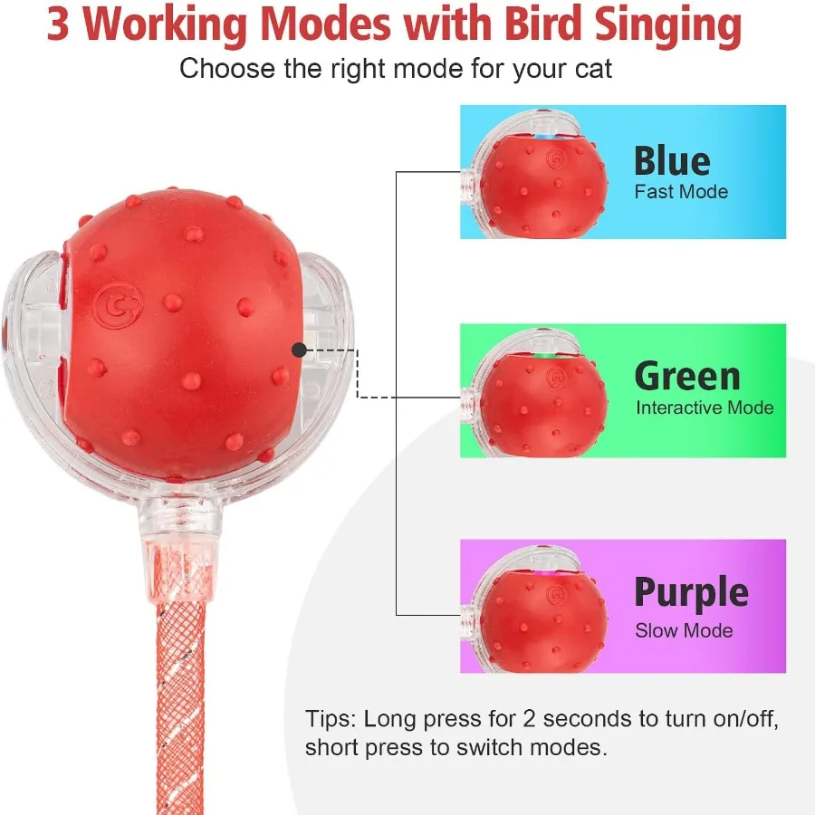 كرة ألعاب القطط التفاعلية للقطط الداخلية، كرة القطط الدوارة الأوتوماتيكية مع ذيل شبكي مرن، تفعيل حركة النقيق على شكل طيور #3