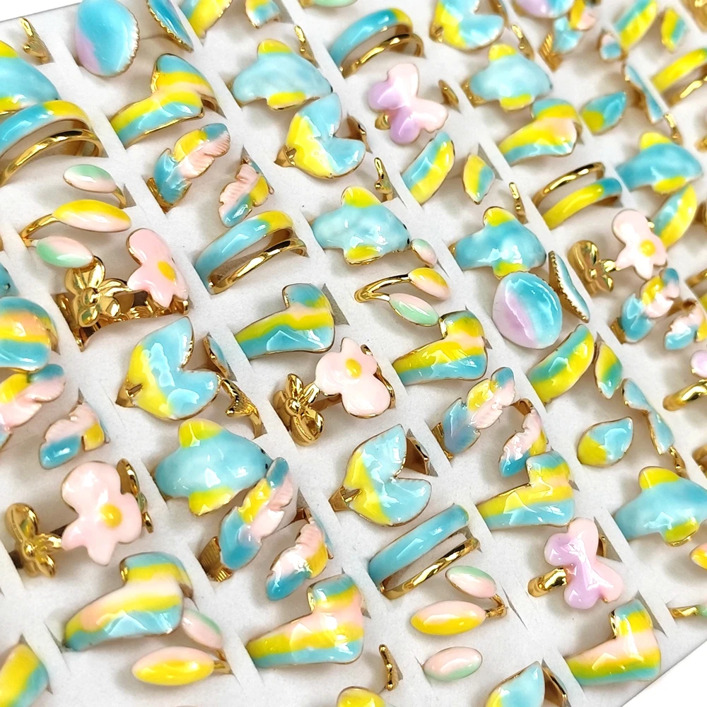 10/20/30/50 Pcs Wholesale Mix Dolphin Flower Enamel Adjustable Open Ring Gold Plated Stainless Steel Rings Cute Women Jewelry