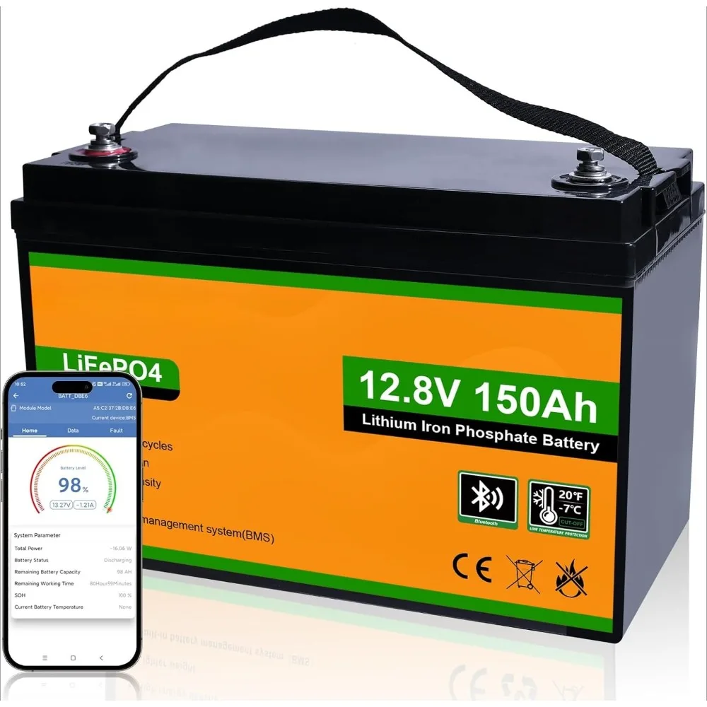 

12V 150AH Bluetooth LiFePO4 Lithium Battery with Low Temperature Protection, Built-in 120A BMS, Perfect for Trolling Motor