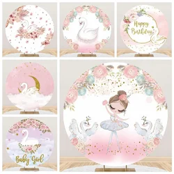 Tableclothsfactory Pink Flower Crown Swan Round Backdrop Cover for Princess Girl Birthday Baby Shower Circle Party Background