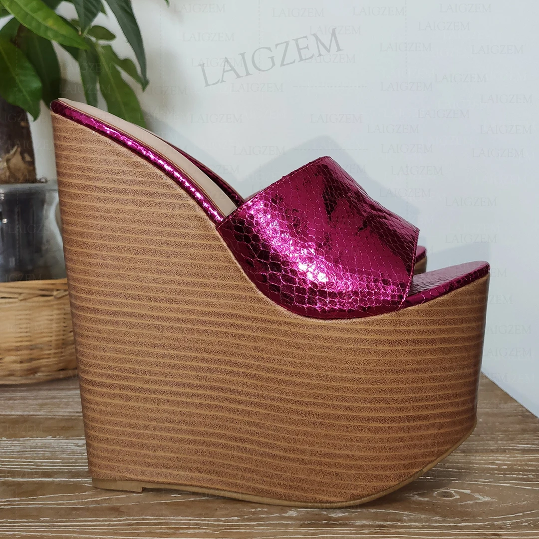 DOHBANER Women Pumps Peep Toe Metallic Platform Wedges Sandals Height Increase Summer Handmade Shoes Woman Big Size 43 45 47 48