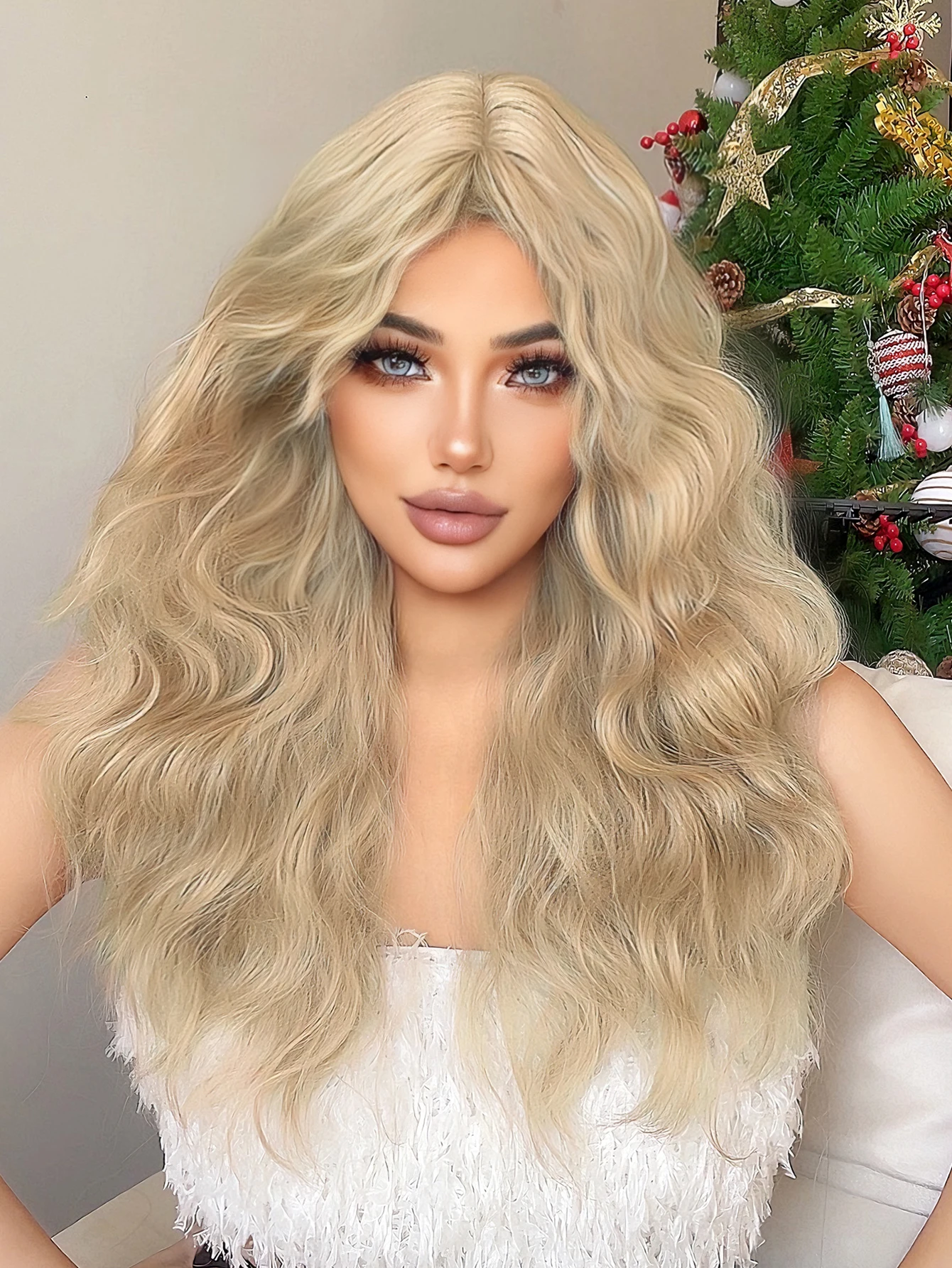 

26Inch Blonde Color Synthetic Wigs Middle Part Long Natural Wavy Hair Wig For Women Daily Use Cosplay Drag Queen Heat Resistant